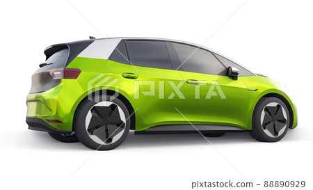 New generation green electric city hatchback car with extended range. 3d illustration. New generation green electric city hatchback car with extended range. 3d illustration. 88890929
