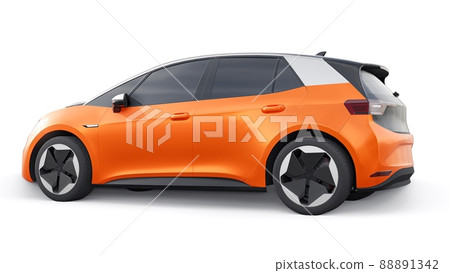 New generation orange electric city hatchback car with extended range. 3d illustration. New generation orange electric city hatchback car with extended range. 3d illustration. 88891342