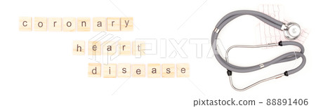 Flatlay arrangement. Stethoscope with electrocardiogram sheet isolated on white background. Coronary heart disease Place to copy paste. 88891406