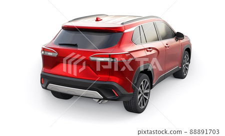Compact red SUV with a hybrid engine and four-wheel drive for the city and suburban areas on a white isolated background. 3d illustration Compact red SUV with a hybrid engine and four-wheel drive for the city and suburban areas on a white isolated background. 3d illustration 88891703