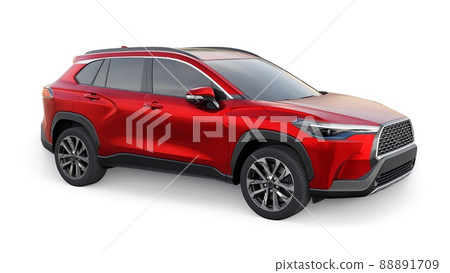 Compact red SUV with a hybrid engine and four-wheel drive for the city and suburban areas on a white isolated background. 3d illustration 88891709