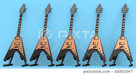 Set of electric acoustic guitar isolated on blue background. 3d render of concept for rock festival poster with heavy metal guitar for music shop 88892047