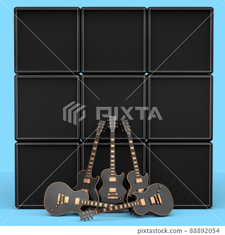 Set of electric acoustic guitar and amplifier on blue background. 3d render of concept for rock festival poster with heavy metal guitar for music shop 88892054