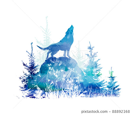 The wolf howls in the blue forest on a stone. Vector illustration 88892168