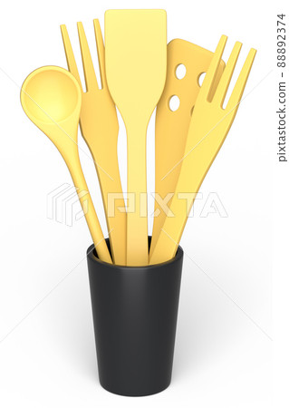 Wooden kitchen utensils, tools and equipment in holder on white background. 88892374