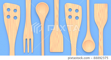 Wooden kitchen utensils, tools and equipment on blue background. 88892375