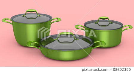 Set of stewpot, frying pan and chrome plated cookware on pink background 88892390