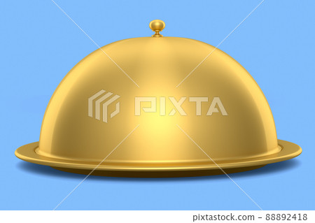 Gold tray with cloche ready to serve isolated on blue background 88892418