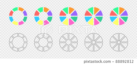 Donut charts set. Circle diagrams divided in 8 sections in flat and graphic variations. Infographic wheels, loading bars, round shapes cut in eight equal parts Donut charts set. Circle diagrams divided in 8 sections in flat and graphic variations. Infographic wheels, loading bars, round shapes cut in eight equal parts 88892812
