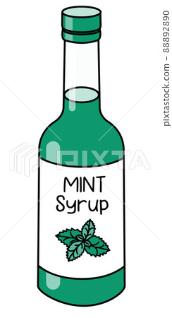 Doodle cartoon style mint syrup in a bottle. Sweet sugar breakfast pancake topping or cocktail ingredient. For card, stickers, posters, bar menu or cook book recipe 88892890