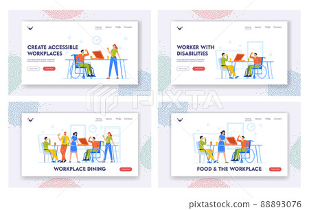 People Dining at Workplace Landing Page Template Set. Business Team Eating Pizza in Office with Disabled Colleague People Dining at Workplace Landing Page Template Set. Business Team Eating Pizza in Office with Disabled Colleague 88893076