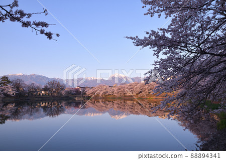 Nagasaka-cho, Hokuto City, spring of Lake Nagasaka, cherry blossoms in full bloom, quiet morning, mountain range in the morning sun Nagasaka-cho, Hokuto City, spring of Lake Nagasaka, cherry blossoms in full bloom, quiet morning, mountain range in the morning sun 88894341
