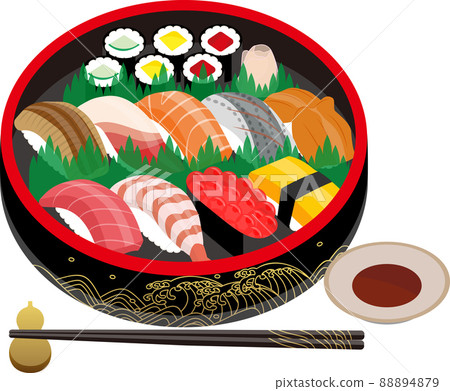 Illustration of sushi tub and Japanese nigiri sushi 88894879