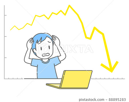 A young man holding his head looking at a stock chart falling on a computer 88895283