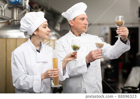 Couple of brewers examining hop pellets and malted grain at brewery Couple of brewers examining hop pellets and malted grain at brewery 88896323