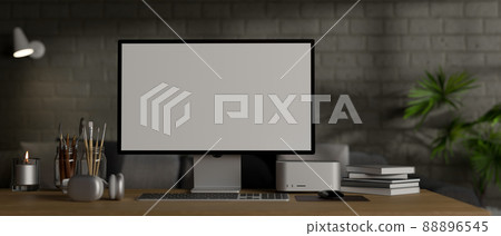Modern contemporary hipster office studio with pc desktop computer mockup Modern contemporary hipster office studio with pc desktop computer mockup 88896545