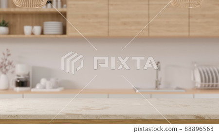 Comfortable minimal Scandinavian kitchen interior with copy space on kitchen tabletop. 88896563