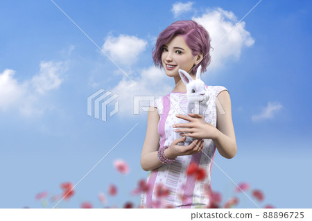 A girl with pink hair holding a white rabbit in a flower field in the blue sky 88896725