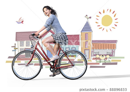 在插圖般的城市景觀背景下，一個微笑的女孩騎著一輛紅色自行車的場景 88896833