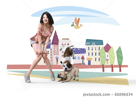 兩隻狗在一個可愛的女人旁邊玩耍，她把手放在膝蓋上，身體前傾，背景是一幅風景畫。 88896834