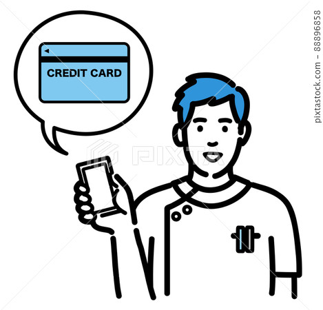 A young male nurse in a lab coat holding a smartphone and explaining a credit card 88896858