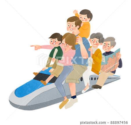 Shinkansen trip for a 3rd generation family Hand-drawn illustration 88897456