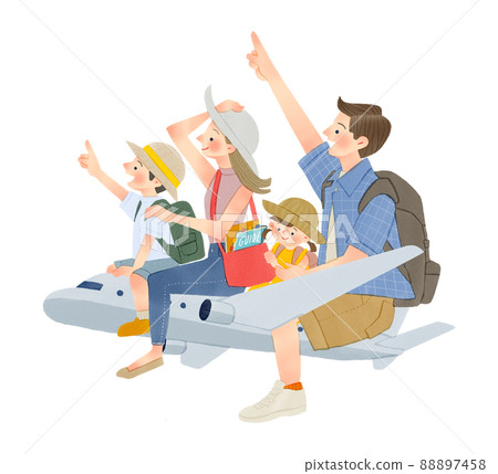 Airplane trip for a family of four Hand-drawn illustrations Airplane trip for a family of four Hand-drawn illustrations 88897458