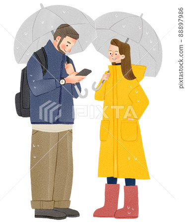 A hand-drawn illustration of a man looking at a smartphone with an umbrella and a woman wearing a raincoat 88897986