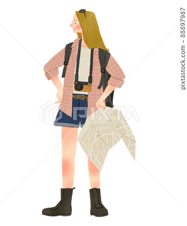Hand-drawn illustration of a woman standing with a map 88897987
