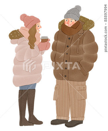 Hand-drawn illustrations of men and women wearing down coats Hand-drawn illustrations of men and women wearing down coats 88897994
