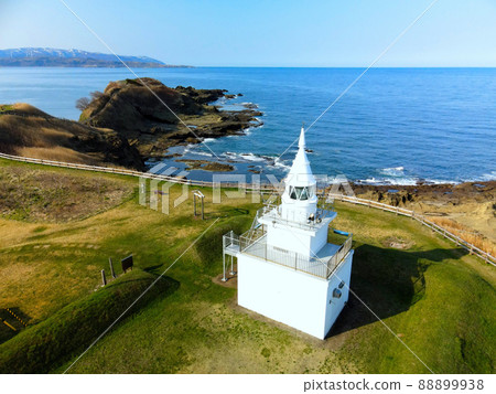 Aerial view of Kamomejima Lighthouse in Kamomejima, Esashi-cho, Hokkaido in spring 88899938