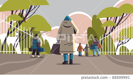 Ukrainian refugees with things fleeing russian aggression against Ukraine stop war concept people searching new homes 88899991