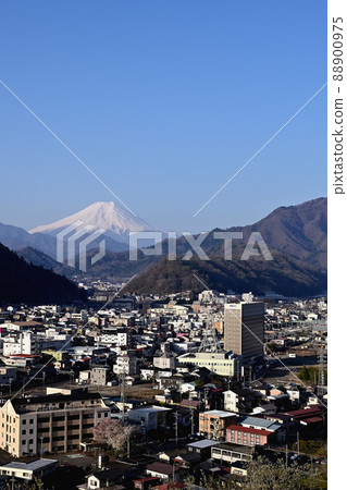 Mt. Fuji and Otsuki city area seen from Mt. Iwaden (Otsuki city, Yamanashi prefecture) 88900975