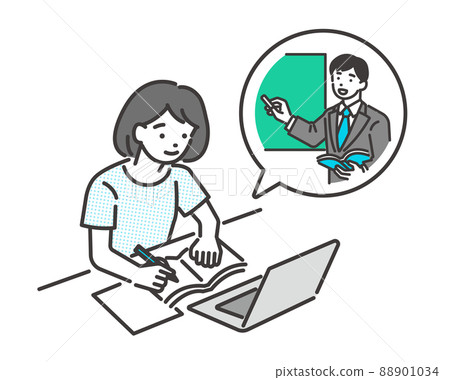 女學生用電腦遠程上課/便服/高中生/初中生夏裝矢量圖素材 88901034