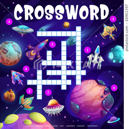 Space shuttle, ufo, spaceship and spacecraft in galaxy crossword grid, find a word quiz game. Cartoon vector worksheet with space shuttle, rocket, planets, starship and starcraft search puzzle 88901397