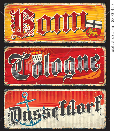Bonn, Cologne, Dusseldorf german city travel stickers and plates. Germany cities plate or european travel destination grungy tin sign, vacation sticker with vintage typography, Coat of Arms and flags Bonn, Cologne, Dusseldorf german city travel stickers and plates. Germany cities plate or european travel destination grungy tin sign, vacation sticker with vintage typography, Coat of Arms and flags 88901400