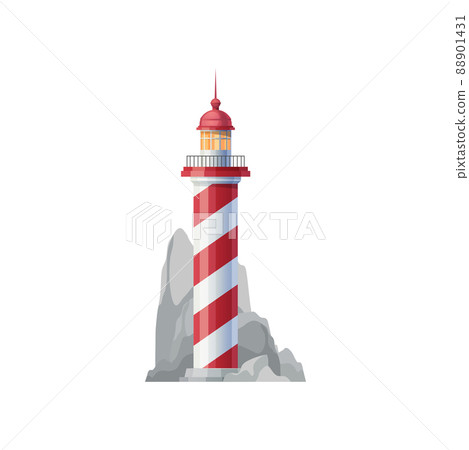 Old sea lighthouse on rock icon. Nautical beacon tower, vector coastal lighthouse lantern on seaside. Navigation safety, marine travel and tourism symbol. Lighthouse building with spiral red lies 88901431