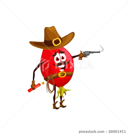 Cartoon rosehip cowboy character. Vector dog-rose berry bandit wear hat, belt and boots with steaming gun and dynamite. Wild west texas red briar ranger vitamin hero. Western personage 88901451