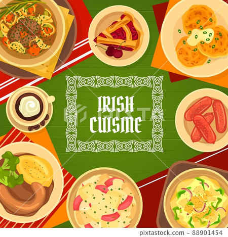 Irish cuisine restaurant meat, vegetables meals menu cover. Homemade pork sausages, beef vegetable Irish stew and cherry pie, potato salad, meat and beer stew, Boxty potato pancake, soda bread vector Irish cuisine restaurant meat, vegetables meals menu cover. Homemade pork sausages, beef vegetable Irish stew and cherry pie, potato salad, meat and beer stew, Boxty potato pancake, soda bread vector 88901454