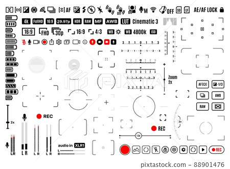 Video and photo camera viewfinder display signs. Focus, grid, zoom, shutter, preview, record frame vector symbols of shooting menu. Cam screen settings of exposure, aperture, battery, flash buttons Video and photo camera viewfinder display signs. Focus, grid, zoom, shutter, preview, record frame vector symbols of shooting menu. Cam screen settings of exposure, aperture, battery, flash buttons 88901476