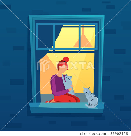 Woman sitting on windowsill at home with cat 88902158