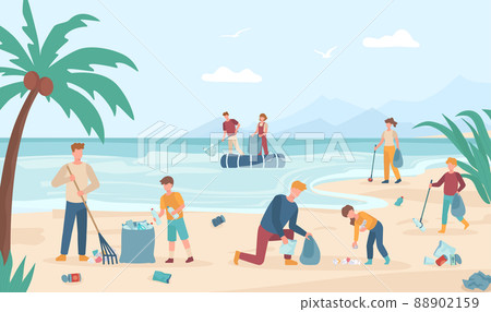 Volunteers cleaning beach, collect garbage on coast Volunteers cleaning beach, collect garbage on coast 88902159