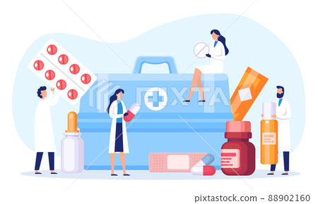 Tiny pharmacist with aid pills and tablet 88902160