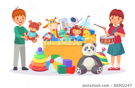 Cheerful kids playing with toys in box together Cheerful kids playing with toys in box together 88902247