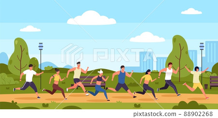 Marathon runners. Cartoon people running race in park, persons on sport exercises. Vector active competition illustration 88902268