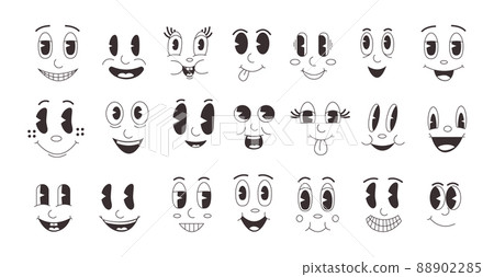 Cartoon emotions. Retro comic faces collection with smile emotion, vintage face of mascot character. Vector clip art collection 88902285