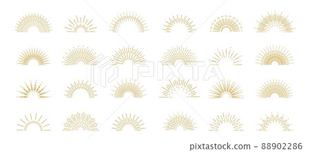 Linear rising sun. Outline boho sunset logo decorative element, abstract minimalistic sun symbol. Vector isolated set Linear rising sun. Outline boho sunset logo decorative element, abstract minimalistic sun symbol. Vector isolated set 88902286