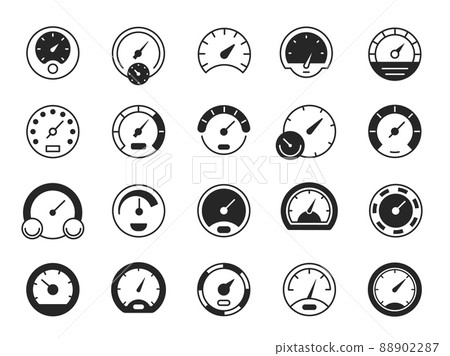 Speedometer black icons. Speed dashboard gauge symbol, flat device upload and download indicator. Vector set Speedometer black icons. Speed dashboard gauge symbol, flat device upload and download indicator. Vector set 88902287