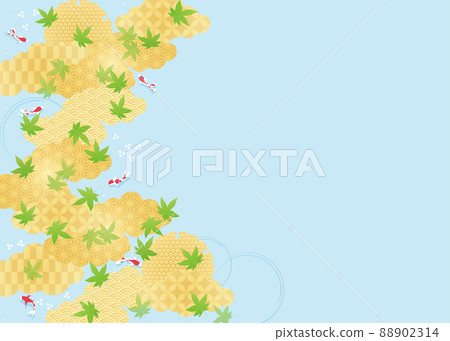 Wafu background material Ao autumn leaves and goldfish 1 light blue beku 88902314