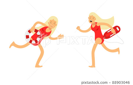 Girl beach lifeguards in red swimwear running with rescue buoys set. Woman professional rescuers vector illustration Girl beach lifeguards in red swimwear running with rescue buoys set. Woman professional rescuers vector illustration 88903046